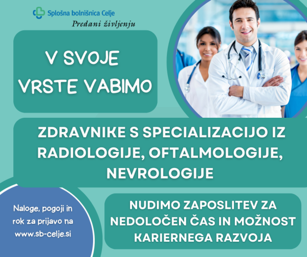 V svoje vrste vabimo zdravnike s specializacijo iz radiologije, oftalmologije in nevrologije. Več informacij na podstrani zaposlitve.